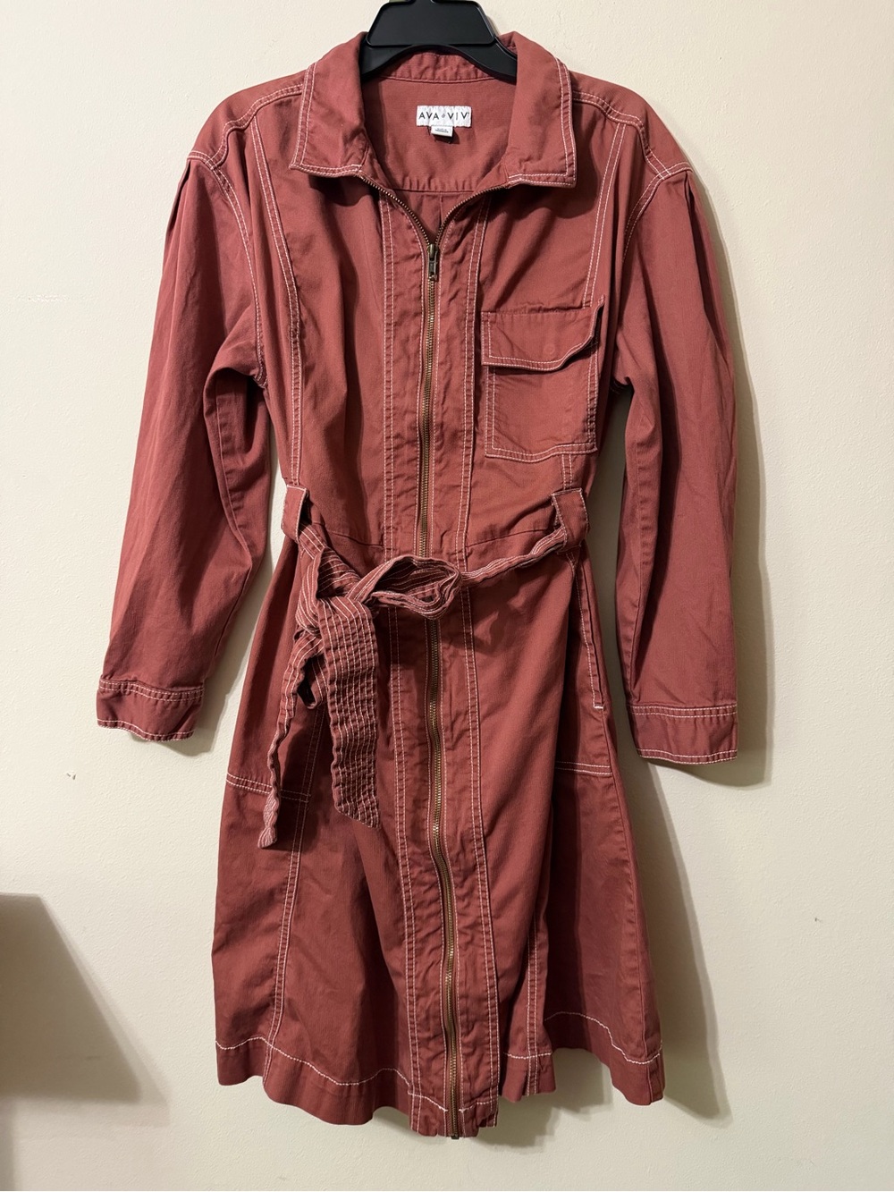 Ava & Viv Dusty Rose Utility Zip Front Belted Jacket Dress